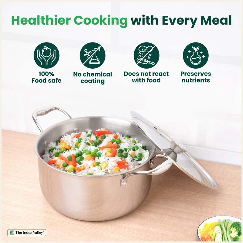 Tri-ply Stainless Steel Biryani Pot/ Casserole/ Sauce Pot with Steel Lid 3.2L/3.7L/5.5L/8.5L, Premium Quality, 3 Layer Thick Body, 100% Toxin-free, Non-stick, Induction & Gas - Image 3