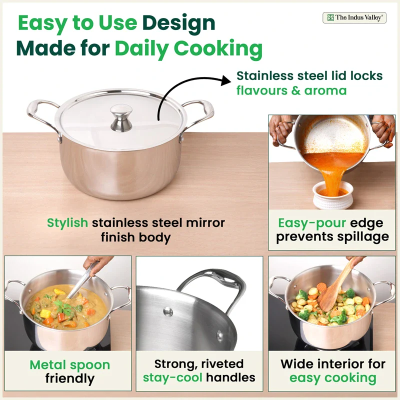 Tri-ply Stainless Steel Biryani Pot/ Casserole/ Sauce Pot with Steel Lid 3.2L/3.7L/5.5L/8.5L, Premium Quality, 3 Layer Thick Body, 100% Toxin-free, Non-stick, Induction & Gas - Image 8