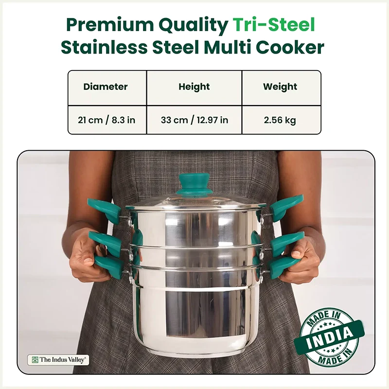 Tri-steel Multi Cooker Pot 21 cm Premium Stainless Steel Momo Maker/ Idiyappam/ Biryani/ Veg Steaming Set 3 Pots - Image 2