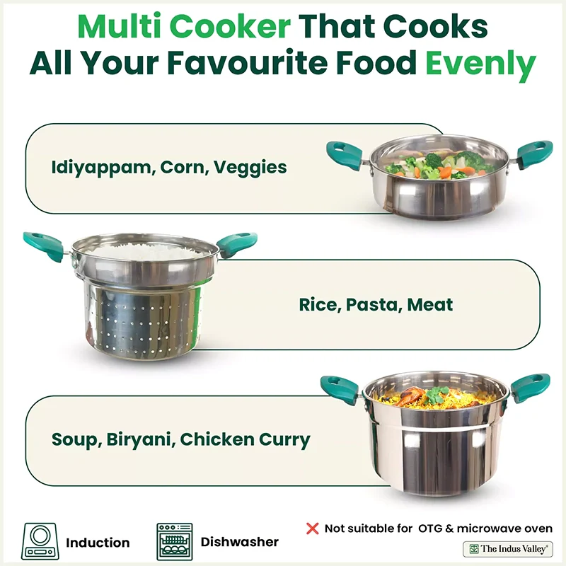 Tri-steel Multi Cooker Pot 21 cm Premium Stainless Steel Momo Maker/ Idiyappam/ Biryani/ Veg Steaming Set 3 Pots - Image 3