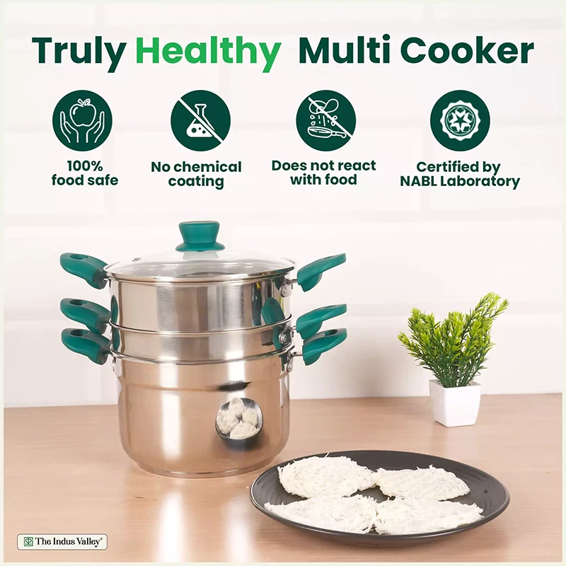 Tri-steel Multi Cooker Pot 21 cm Premium Stainless Steel Momo Maker/ Idiyappam/ Biryani/ Veg Steaming Set 3 Pots - Image 4