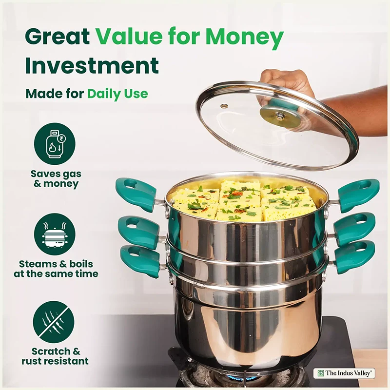 Tri-steel Multi Cooker Pot 21 cm Premium Stainless Steel Momo Maker/ Idiyappam/ Biryani/ Veg Steaming Set 3 Pots - Image 6