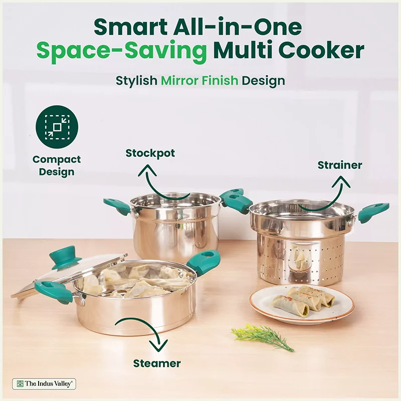 Tri-steel Multi Cooker Pot 21 cm Premium Stainless Steel Momo Maker/ Idiyappam/ Biryani/ Veg Steaming Set 3 Pots - Image 7