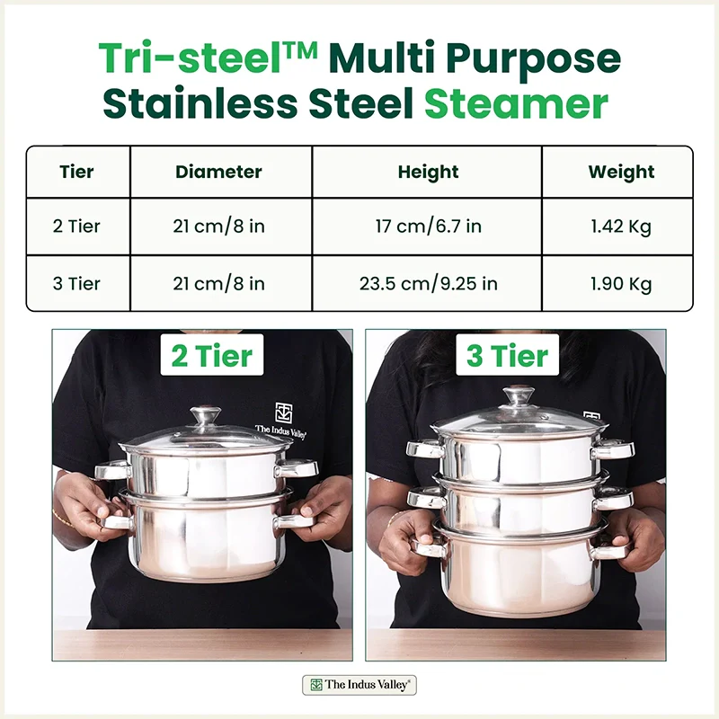 Tri-Steel Multi Purpose Stainless Steel Steamer with Tri-Ply Bottom 2 Tier / 3 Tier| Vegetable Steamer | Khandvi/Modak/Momo Maker | Steaming Pot 1.42 Kg / 1.9 Kg - Image 2