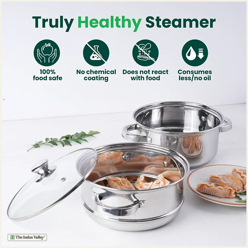 Tri-Steel Multi Purpose Stainless Steel Steamer with Tri-Ply Bottom 2 Tier / 3 Tier| Vegetable Steamer | Khandvi/Modak/Momo Maker | Steaming Pot 1.42 Kg / 1.9 Kg - Image 3