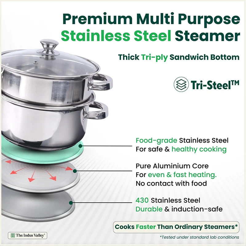 Tri-Steel Multi Purpose Stainless Steel Steamer with Tri-Ply Bottom 2 Tier / 3 Tier| Vegetable Steamer | Khandvi/Modak/Momo Maker | Steaming Pot 1.42 Kg / 1.9 Kg - Image 4
