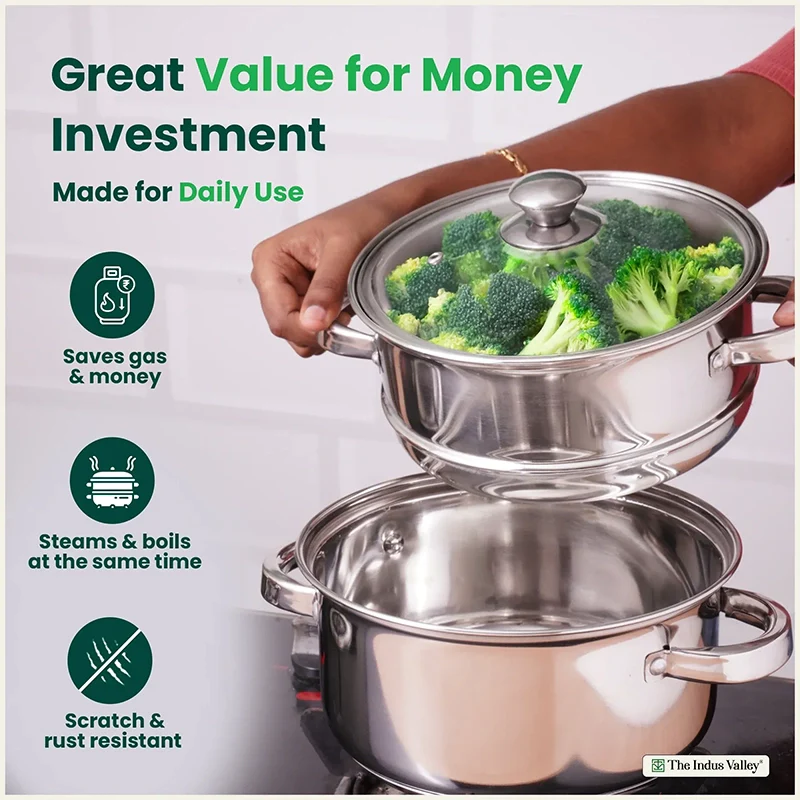 Tri-Steel Multi Purpose Stainless Steel Steamer with Tri-Ply Bottom 2 Tier / 3 Tier| Vegetable Steamer | Khandvi/Modak/Momo Maker | Steaming Pot 1.42 Kg / 1.9 Kg - Image 5
