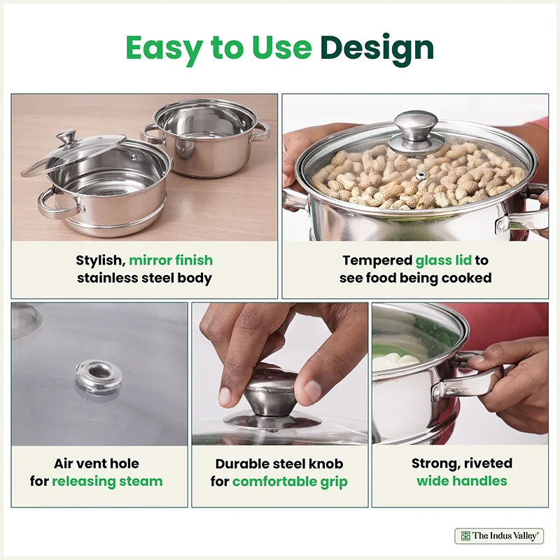 Tri-Steel Multi Purpose Stainless Steel Steamer with Tri-Ply Bottom 2 Tier / 3 Tier| Vegetable Steamer | Khandvi/Modak/Momo Maker | Steaming Pot 1.42 Kg / 1.9 Kg - Image 6