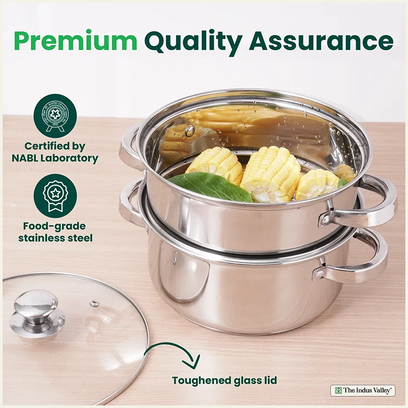 Tri-Steel Multi Purpose Stainless Steel Steamer with Tri-Ply Bottom 2 Tier / 3 Tier| Vegetable Steamer | Khandvi/Modak/Momo Maker | Steaming Pot 1.42 Kg / 1.9 Kg - Image 8