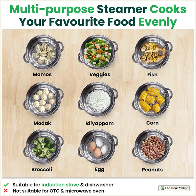 Tri-Steel Multi Purpose Stainless Steel Steamer with Tri-Ply Bottom 2 Tier / 3 Tier| Vegetable Steamer | Khandvi/Modak/Momo Maker | Steaming Pot 1.42 Kg / 1.9 Kg - Image 9