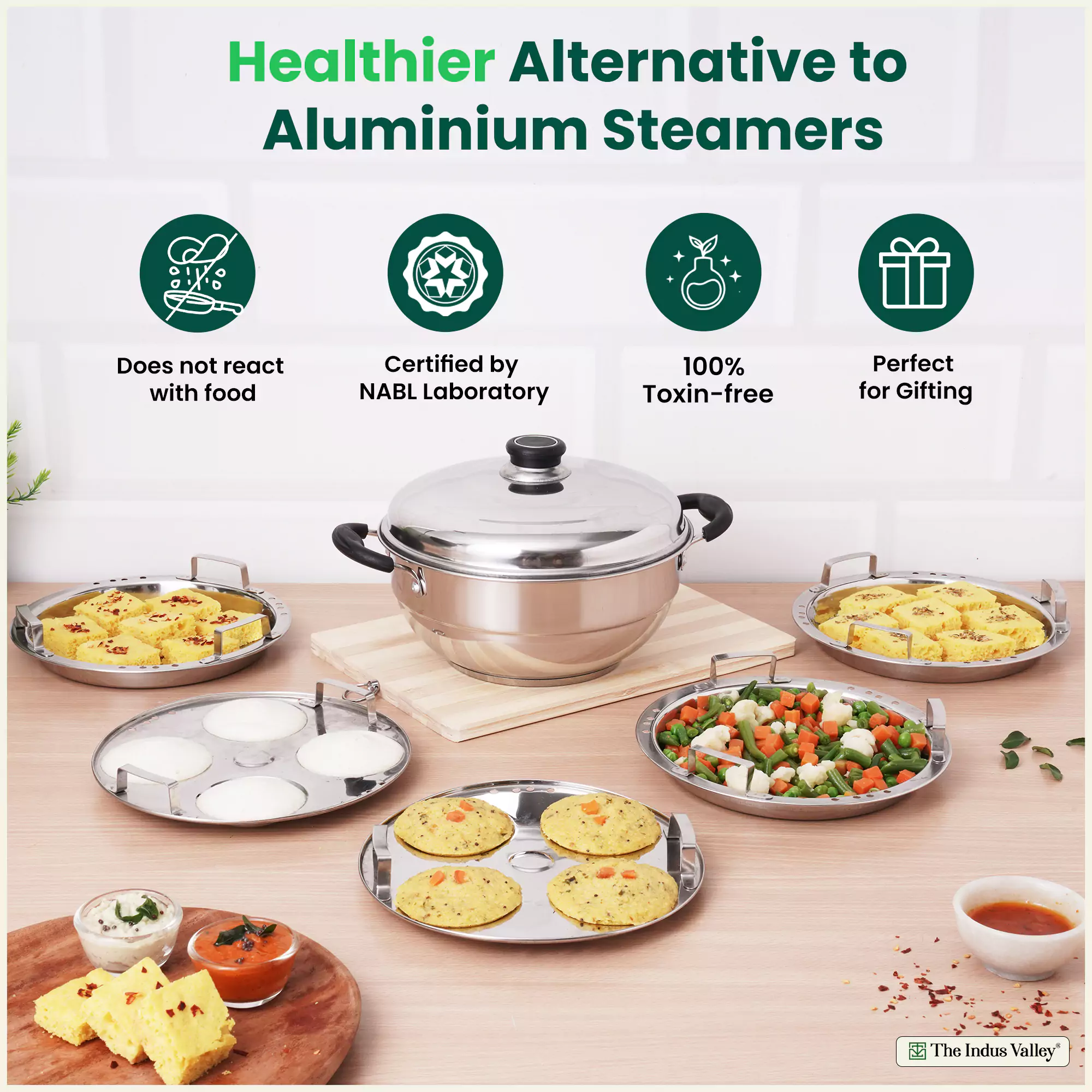 8 Pit Tri-Steel Multi Pot 3L Premium Stainless Steel Idli/ Dhokla/ Momo Maker/ Veg Steaming Set, Tri-ply Induction Bottom, 5 Plates - Image 6