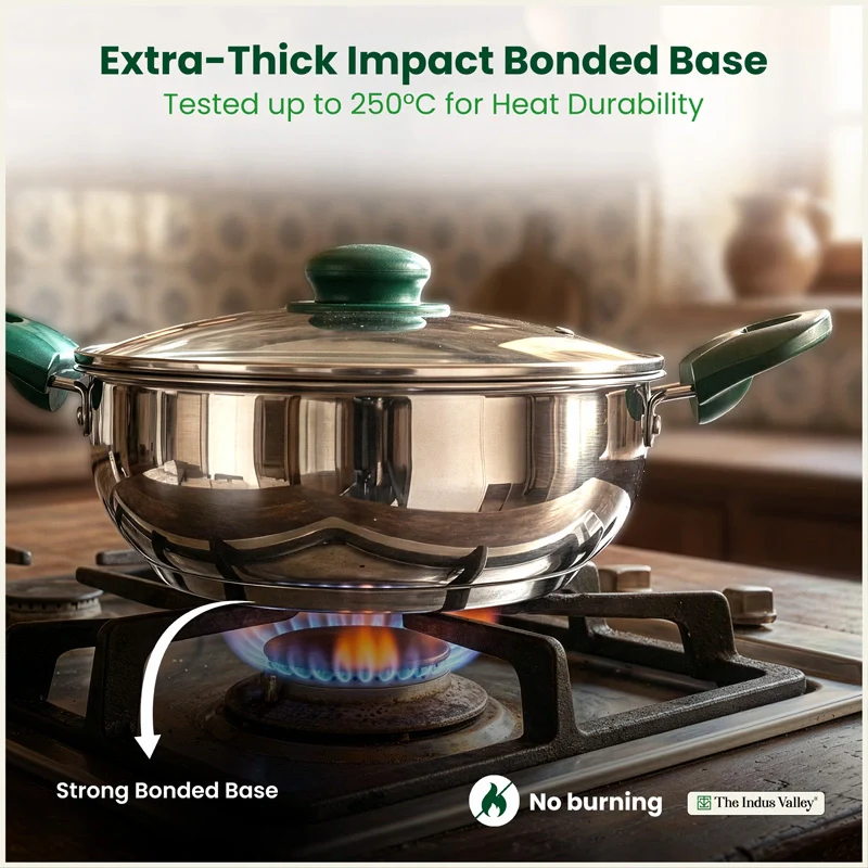 Premium Stainless Steel Impact Bonded Cookware Set: Kadai with Glass Lid(22cm)+Saucepan(16cm)+ Frypan(22cm)with Glass Lid, Tri-ply (3 Layer) Bottom - Image 10