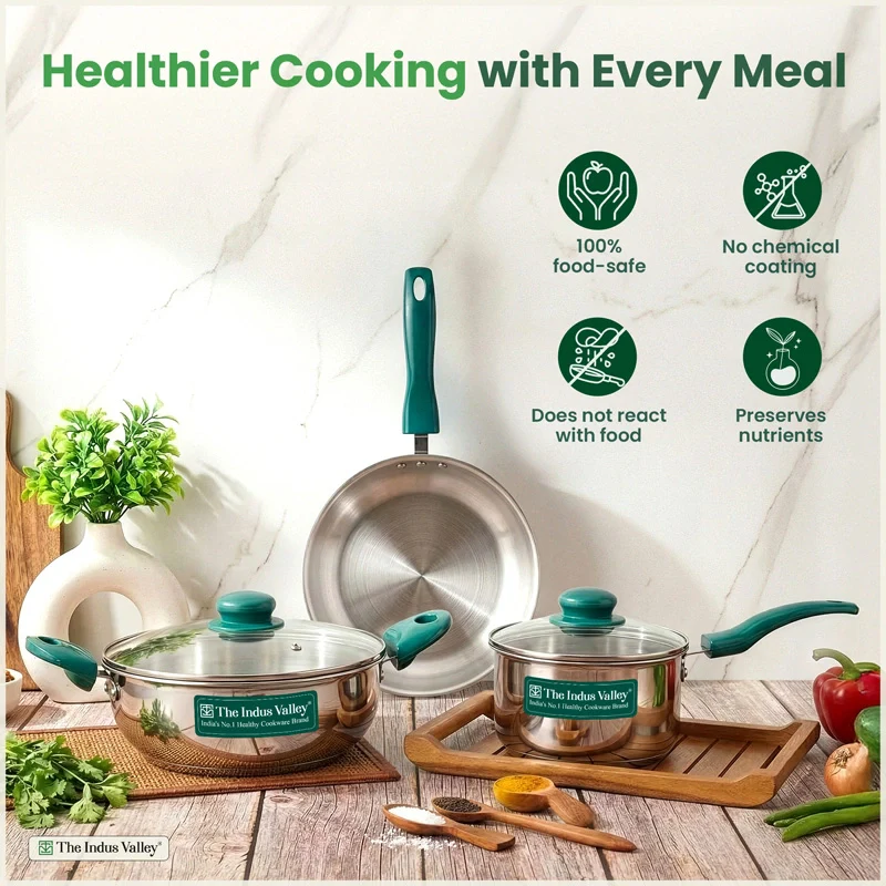 Premium Stainless Steel Impact Bonded Cookware Set: Kadai with Glass Lid(22cm)+Saucepan(16cm)+ Frypan(22cm)with Glass Lid, Tri-ply (3 Layer) Bottom - Image 3