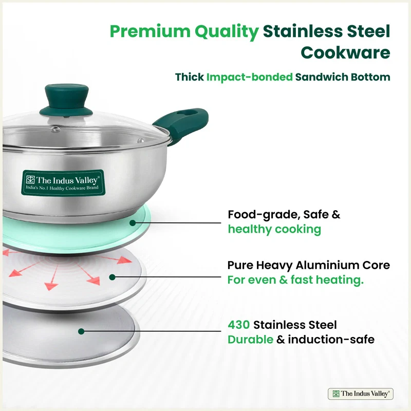 Premium Stainless Steel Impact Bonded Cookware Set: Kadai with Glass Lid(22cm)+Saucepan(16cm)+ Frypan(22cm)with Glass Lid, Tri-ply (3 Layer) Bottom - Image 4
