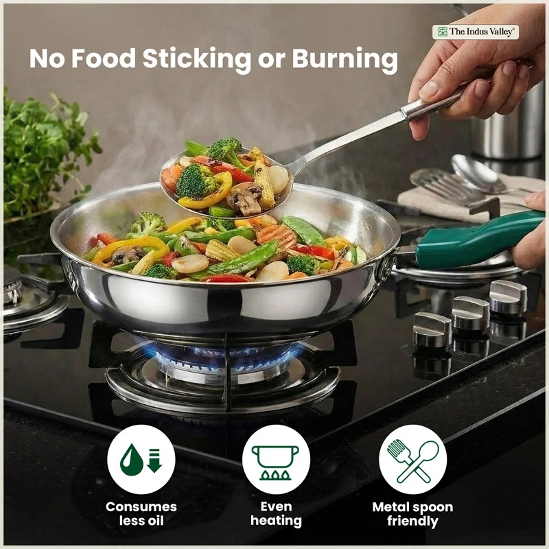 Premium Stainless Steel Impact Bonded Cookware Set: Kadai with Glass Lid(22cm)+Saucepan(16cm)+ Frypan(22cm)with Glass Lid, Tri-ply (3 Layer) Bottom - Image 5