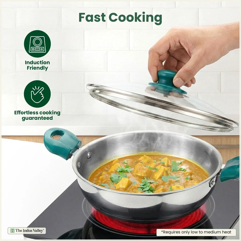 Premium Stainless Steel Impact Bonded Cookware Set: Kadai with Glass Lid(22cm)+Saucepan(16cm)+ Frypan(22cm)with Glass Lid, Tri-ply (3 Layer) Bottom - Image 6