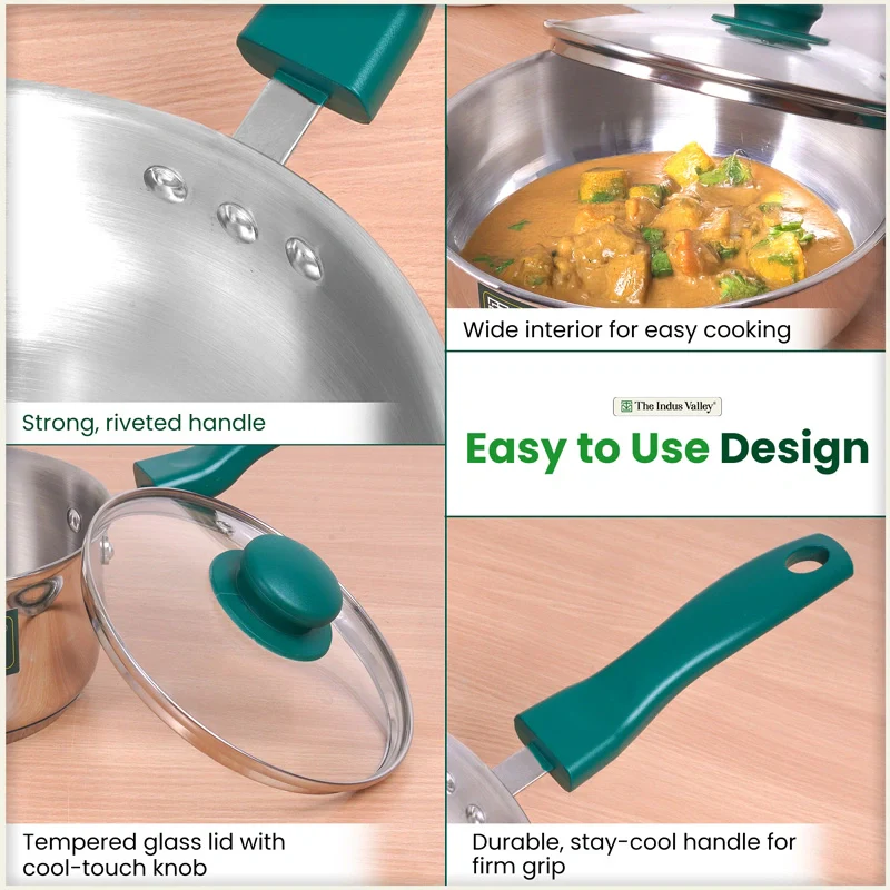 Premium Stainless Steel Impact Bonded Cookware Set: Kadai with Glass Lid(22cm)+Saucepan(16cm)+ Frypan(22cm)with Glass Lid, Tri-ply (3 Layer) Bottom - Image 7
