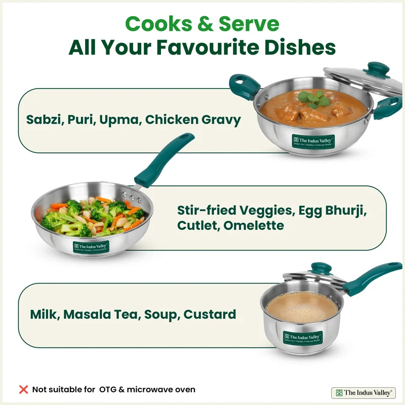 Premium Stainless Steel Impact Bonded Cookware Set: Kadai with Glass Lid(22cm)+Saucepan(16cm)+ Frypan(22cm)with Glass Lid, Tri-ply (3 Layer) Bottom - Image 9
