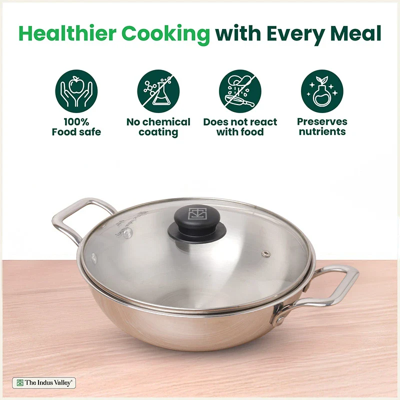 TurboCuk Tri-ply Stainless Steel Kadai+ Glass Lid 1.7/2.7/3.5L, Premium Quality, 3 Layer Thick Body, 100% Toxin-free, Non-stick, Induction & Gas - Image 4