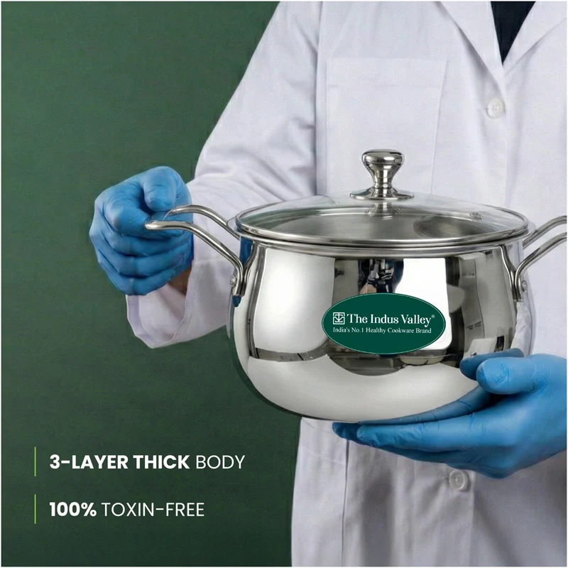 TurboCuk Tri-ply Stainless Steel Handi Casserole/ Biryani Cooking Pot+ Glass Lid 4L, Premium Quality, 3 Layer Thick Body, 100% Toxin-free, Non-stick, Induction & Gas - Image 4