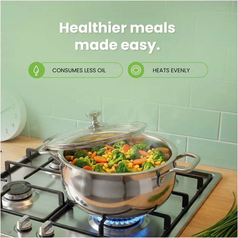 TurboCuk Tri-ply Stainless Steel Handi Casserole/ Biryani Cooking Pot+ Glass Lid 4L, Premium Quality, 3 Layer Thick Body, 100% Toxin-free, Non-stick, Induction & Gas - Image 5