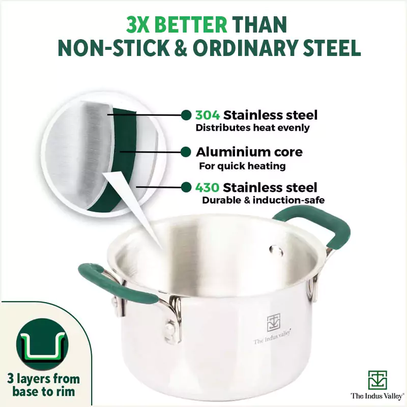 TurboCuk Tri-ply Stainless Steel Casserole/Biryani Cooking Pot 1.4L, Premium Quality, 3 Layer Thick Body, Cool Silicone Handles, 100% Toxin-free, Non-stick, Induction & Gas - Image 5