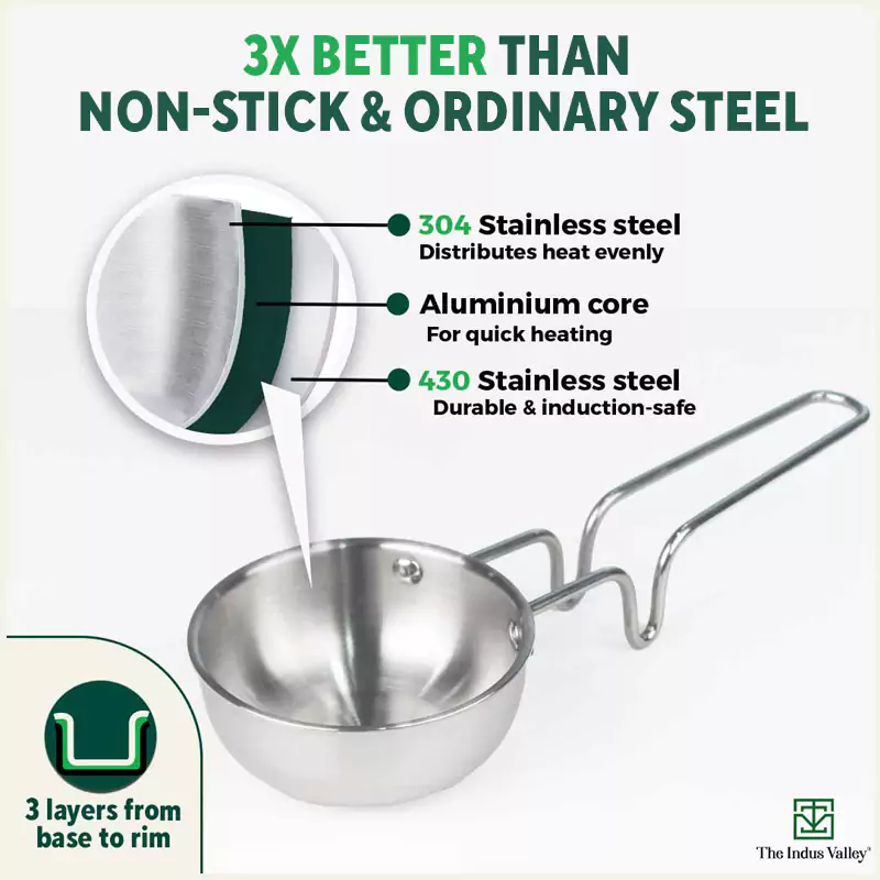 TurboCuk Triply Stainless Steel Tadka Pan 300ml for Spice Seasoning/Heating, Premium Quality, 3 Layer Thick Body, 100% Toxin-free, Non-stick, Induction & Gas - Image 5