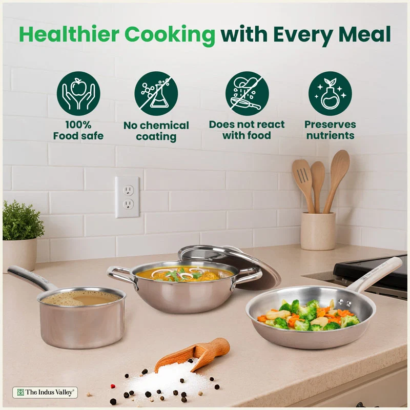TurboCuk Tri-ply Stainless Steel Cookware Set: 24cm Kadai with Lid + 22cm Fry Pan + 16cm Sauce pan, Premium Quality, 3 Layer Thick Body, 100% Toxin-free, Non-stick, Induction & Gas - Image 3