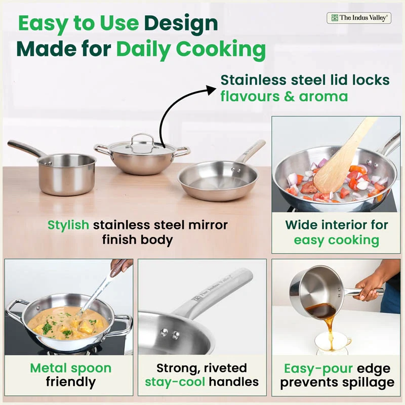 TurboCuk Tri-ply Stainless Steel Cookware Set: 24cm Kadai with Lid + 22cm Fry Pan + 16cm Sauce pan, Premium Quality, 3 Layer Thick Body, 100% Toxin-free, Non-stick, Induction & Gas - Image 8