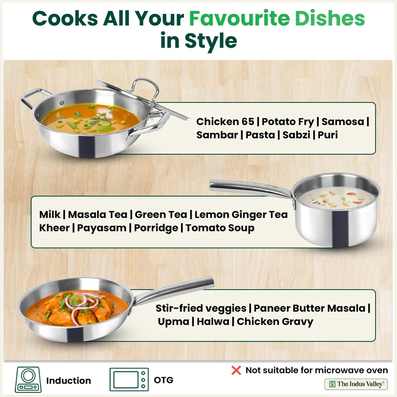 TurboCuk Tri-ply Stainless Steel Cookware Set: 24cm Kadai with Lid + 22cm Fry Pan + 16cm Sauce pan, Premium Quality, 3 Layer Thick Body, 100% Toxin-free, Non-stick, Induction & Gas - Image 9