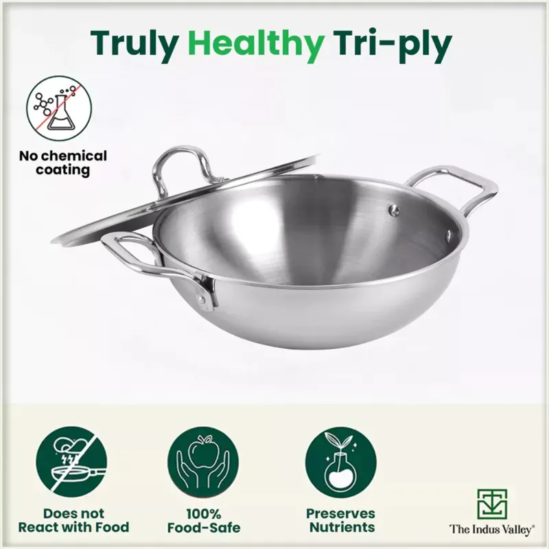 TurboCuk Tri-ply Stainless Steel Cookware Set: 3L Kadai with Lid + 1.4L Fry Pan, Premium Quality, 3 Layer Thick Body, 100% Toxin-free, Non-stick, Induction & Gas - Image 4