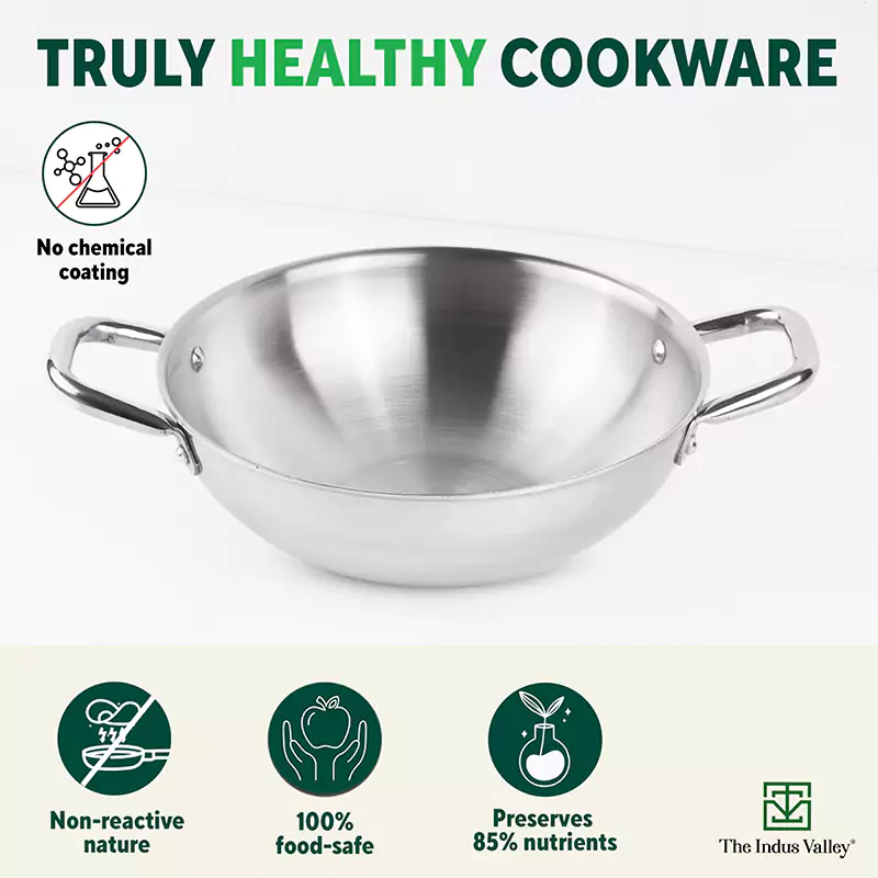 TurboCuk Tri-ply Stainless Steel Cookware Set: 2.2L Kadai+ 1.4L Frypan+ 1.2L Tea/Milk pan, Premium Quality, 3 Layer Thick Body, 100% Toxin-free, Non-stick, Induction & Gas - Image 3