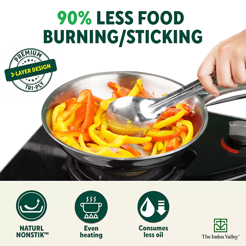 TurboCuk Tri-ply Stainless Steel Cookware Set: 2.2L Kadai+ 1.4L Frypan+ 1.2L Tea/Milk pan, Premium Quality, 3 Layer Thick Body, 100% Toxin-free, Non-stick, Induction & Gas - Image 6