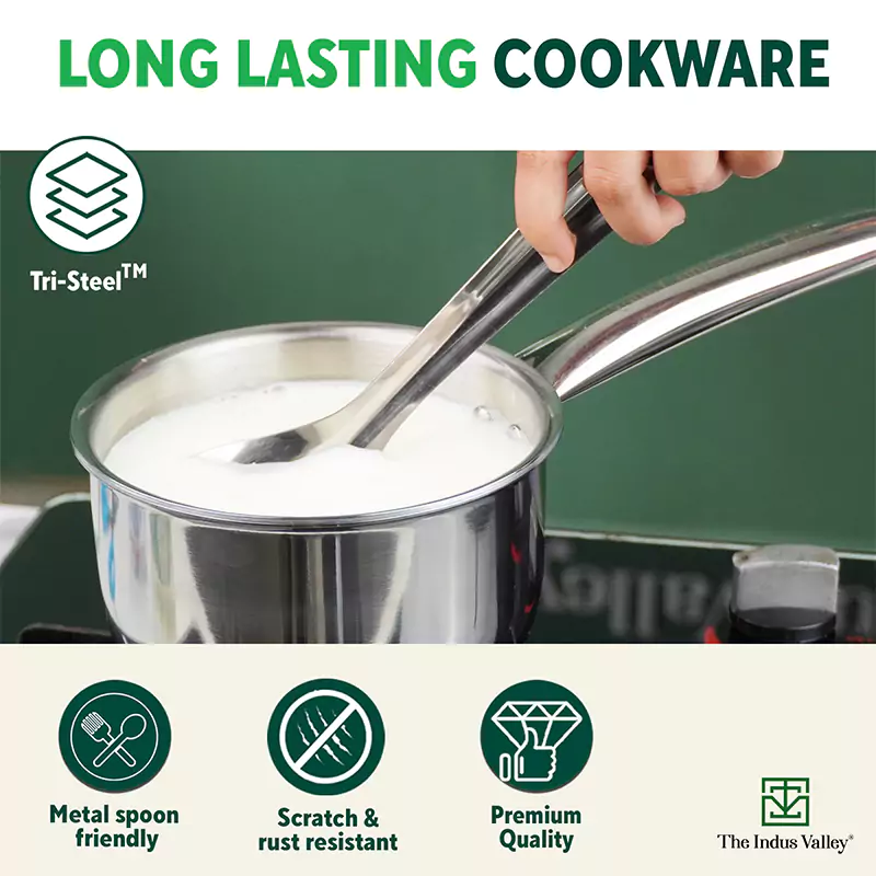 TurboCuk Tri-ply Stainless Steel Cookware Set: 2.2L Kadai+ 1.4L Frypan+ 1.2L Tea/Milk pan, Premium Quality, 3 Layer Thick Body, 100% Toxin-free, Non-stick, Induction & Gas - Image 7