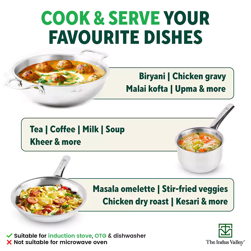 TurboCuk Tri-ply Stainless Steel Cookware Set: 2.2L Kadai+ 1.4L Frypan+ 1.2L Tea/Milk pan, Premium Quality, 3 Layer Thick Body, 100% Toxin-free, Non-stick, Induction & Gas - Image 8