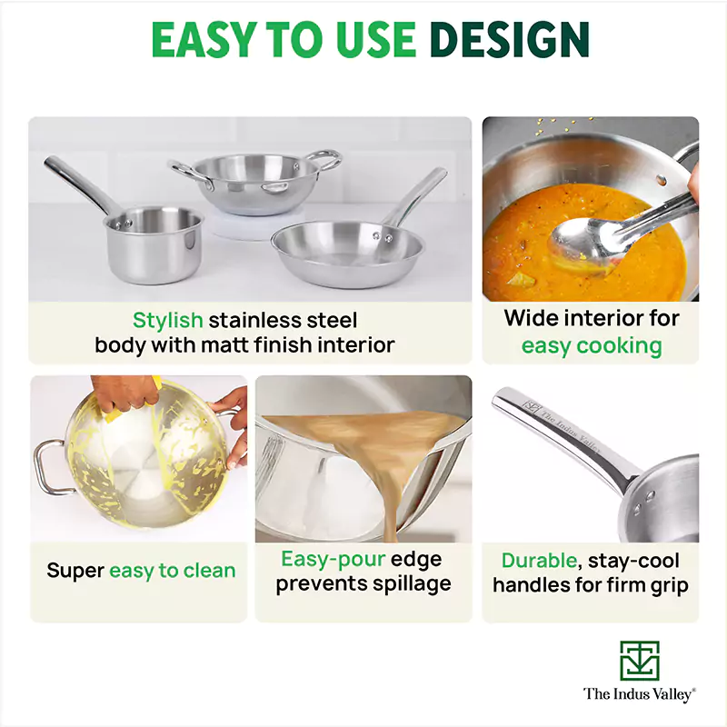 TurboCuk Tri-ply Stainless Steel Cookware Set: 2.2L Kadai+ 1.4L Frypan+ 1.2L Tea/Milk pan, Premium Quality, 3 Layer Thick Body, 100% Toxin-free, Non-stick, Induction & Gas - Image 9