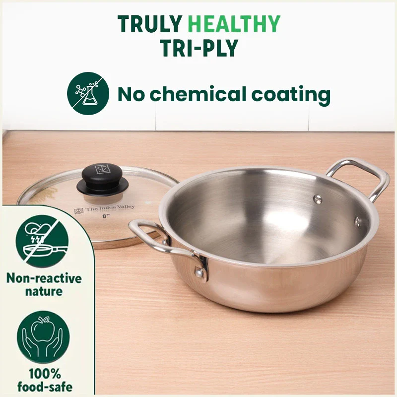 TurboCuk Tri-ply Stainless Steel Deep Fry Pan+ Glass Lid 20.3cm, 1.5 L, Premium Quality, 3 Layer Thick Body, 100% Toxin-free, Non-stick, Induction & Gas, 1.38kg - Image 3