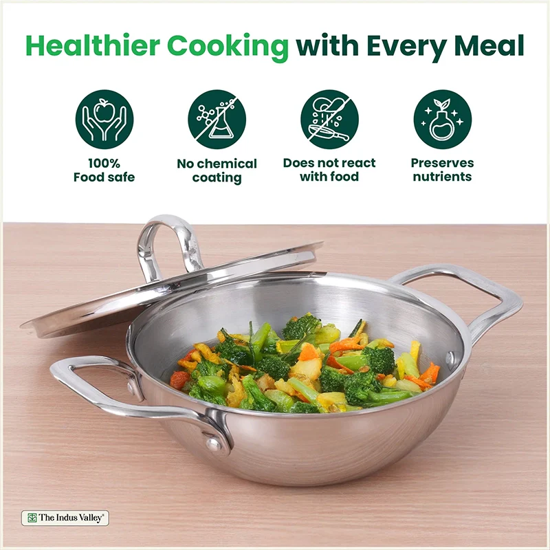 TurboCuk Tri-ply Stainless Steel Kadai+ Steel Lid 18cm Premium Quality, 3 Layer Thick Body, 100% Toxin-free, Non-stick, Induction & Gas - Image 4