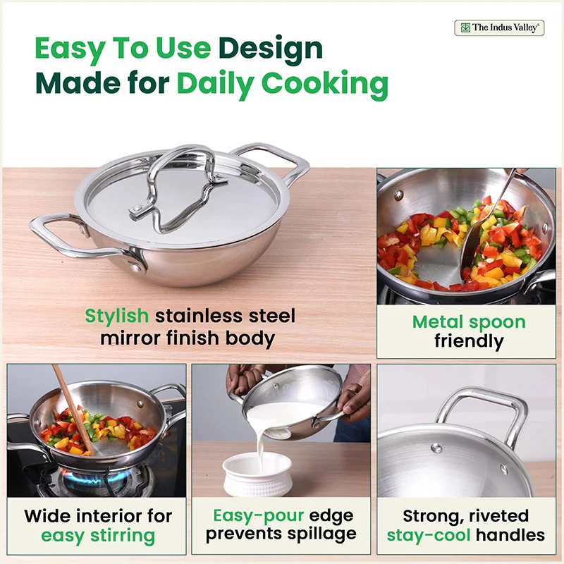 TurboCuk Tri-ply Stainless Steel Kadai+ Steel Lid 18cm Premium Quality, 3 Layer Thick Body, 100% Toxin-free, Non-stick, Induction & Gas - Image 9