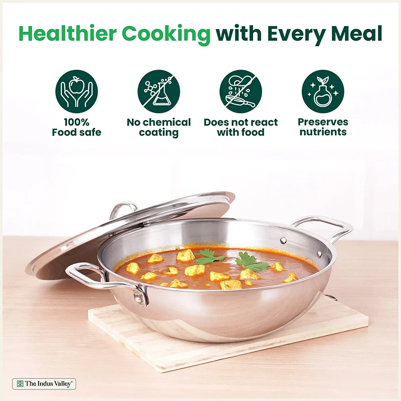 TurboCuk Tri-ply Stainless Steel Kadai+ Steel Lid 3L/3.5L/3.9L/4.5L, Premium Quality, 3 Layer Thick Body, 100% Toxin-free, Non-stick, Induction & Gas - Image 4